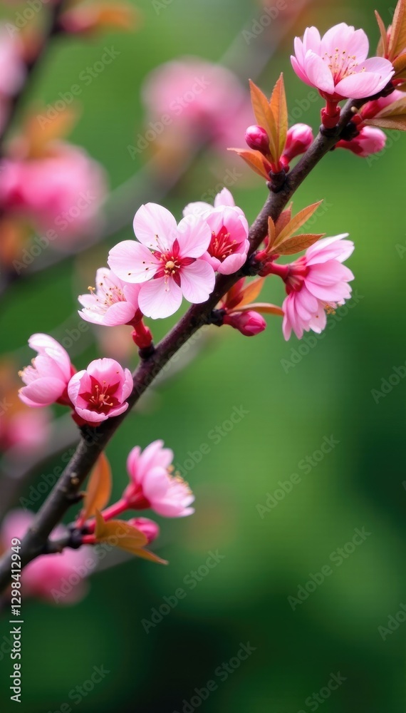 Pink cherry blossoms against a green backdrop, tree, seasonal change Pink cherry blossoms against a green backdrop, tree, seasonal change