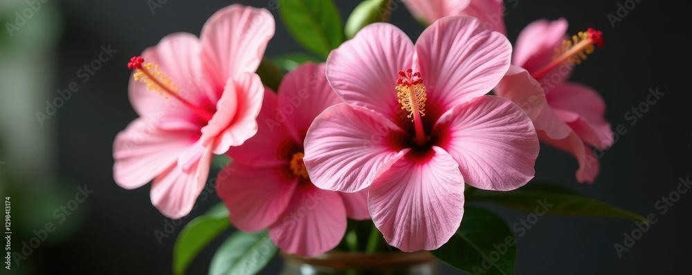 Pink hibiscus flowers in a vase with other flowers, still life, arrangement, gardenia Pink hibiscus flowers in a vase with other flowers, still life, arrangement, gardenia