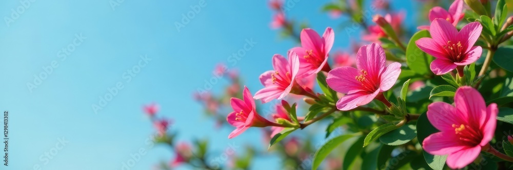 Pinkish-red blooms on shrub-like plant against blue sky, microscopic, garden Pinkish-red blooms on shrub-like plant against blue sky, microscopic, garden