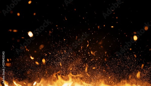 Fire embers particles over black background. Fire sparks background. Abstract dark glitter fire particles lights. photo
