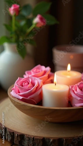 Pink roses and candles in a minimalist wooden bowl, cozy ambiance, wood decor