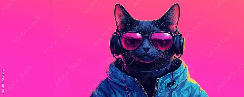 Cool cat wearing sunglasses and headphones in vibrant pink background, copy space for text Cool cat wearing sunglasses and headphones in vibrant pink background, copy space for text