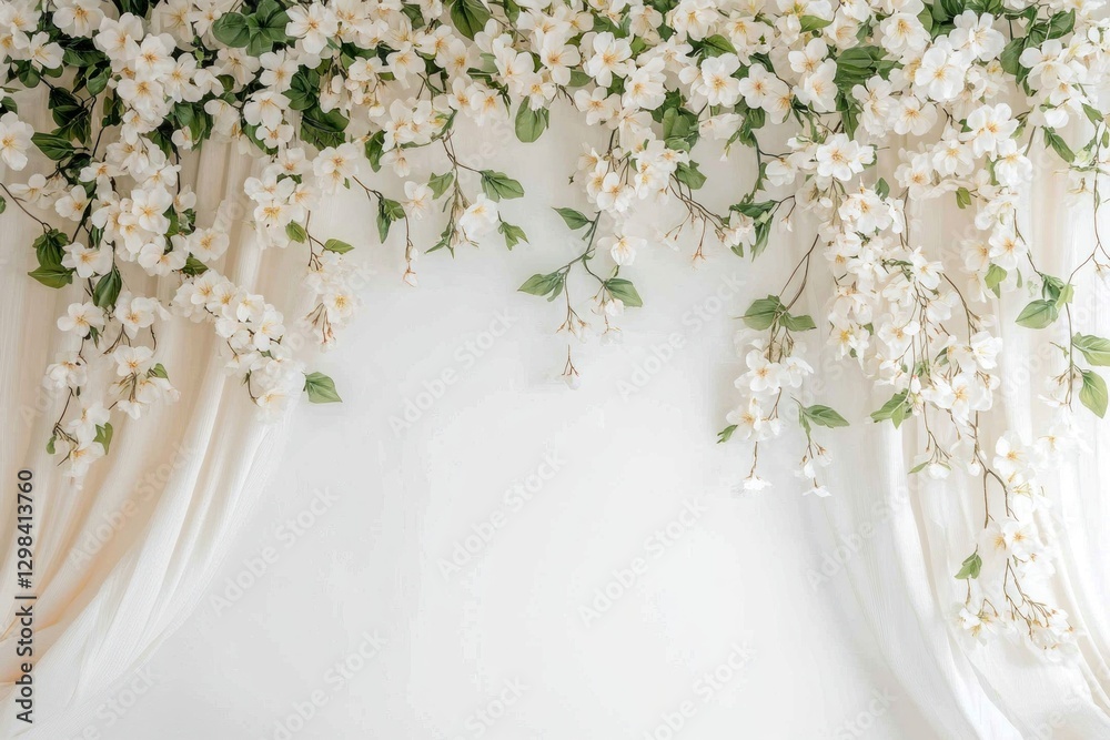 White floral backdrop with cream drapes. White floral backdrop with cream drapes.