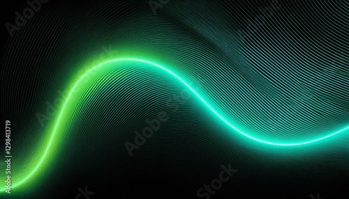 Glowing green cyan light wave patten in black background grainy gradient noise texture poster banner backdrop abstract design