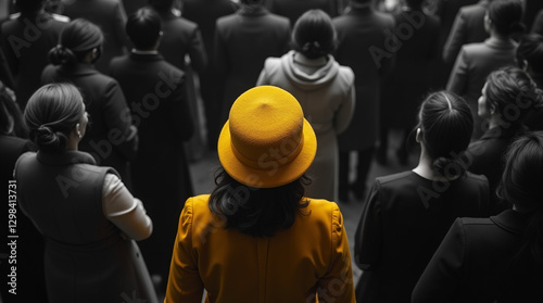 Powerful conceptual image depicting individualism and standing out from the crowd, featuring a single person in a bright yellow hat or helmet amid a sea of identically-dressed figures in dark attire. 