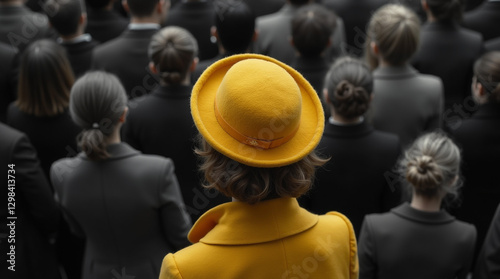 Powerful conceptual image depicting individualism and standing out from the crowd, featuring a single person in a bright yellow hat or helmet amid a sea of identically-dressed figures in dark attire. 