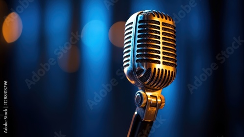 Centered on a deep blue backdrop, a sleek microphone gazes to the right, its glossy surface contrasting with bold black accents
