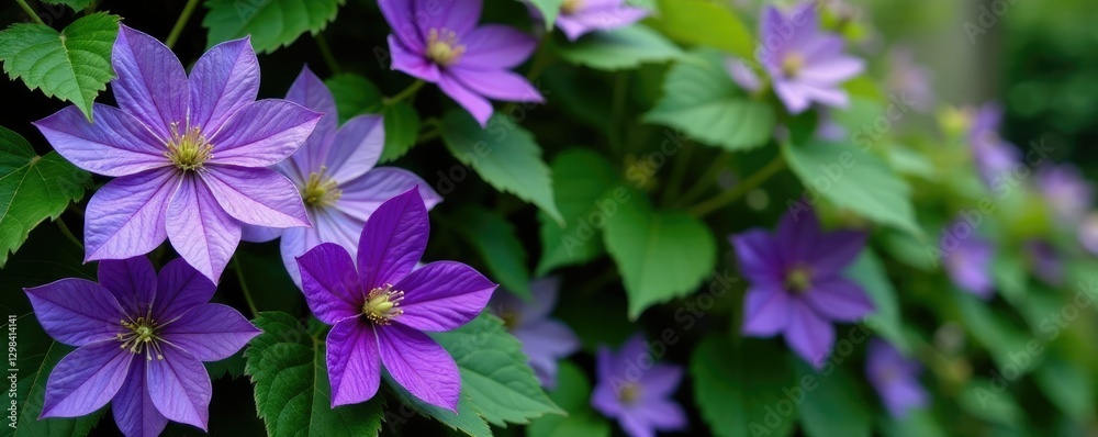 Purple clematis vines with green leaves and twigs, garden vines Purple clematis vines with green leaves and twigs, garden vines