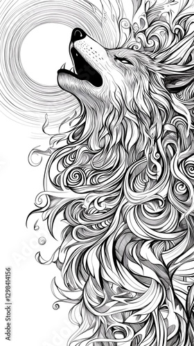 Wallpaper Mural A detailed black and white illustration of a howling wolf with intricate patterns. Torontodigital.ca