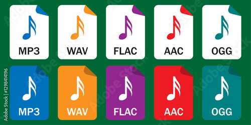 Collection of audio file format icons (MP3, WAV, FlAC, AAC, OGG) in outline and color styles. Great for apps, music platforms, and digital designs.