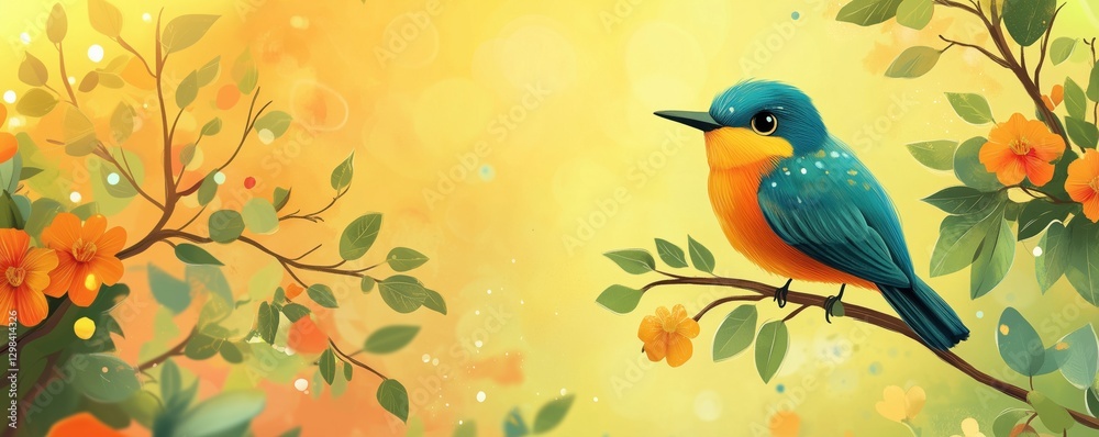 Colorful bird perched on branch surrounded by vibrant flowers and foliage, copy space for text Colorful bird perched on branch surrounded by vibrant flowers and foliage, copy space for text