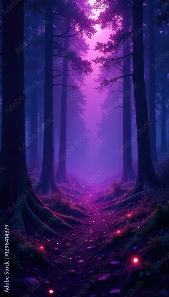 Fototapeta premium Purple mist with small dots on a mystical forest floor, floor, trees