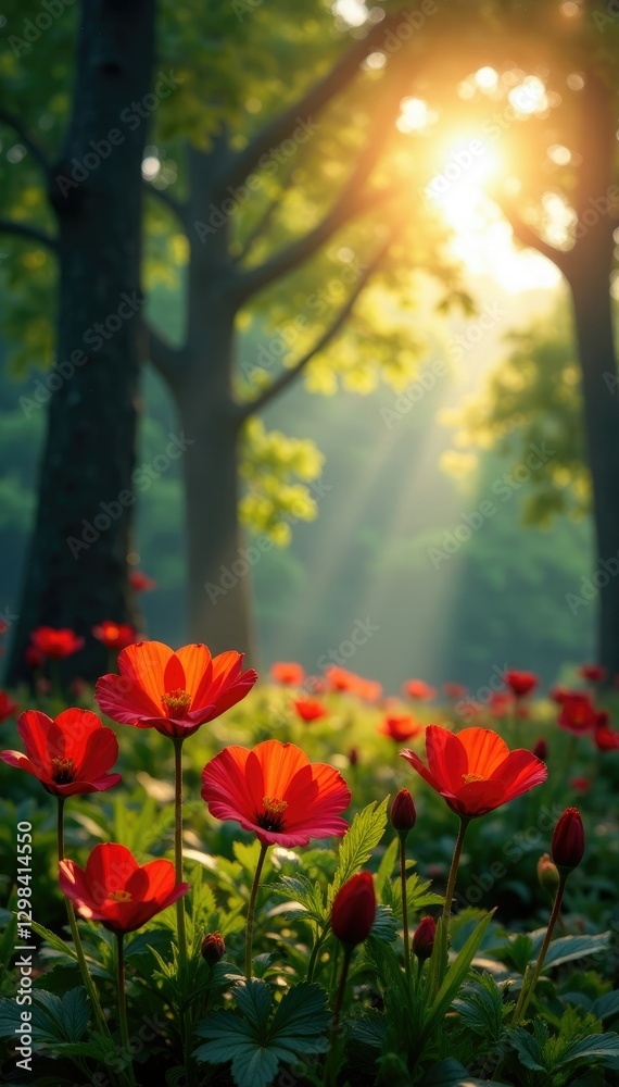 Fototapeta premium Scarlet sunlit flowers against a backdrop of towering green trees and lush foliage in a serene landscape, foliage, tree