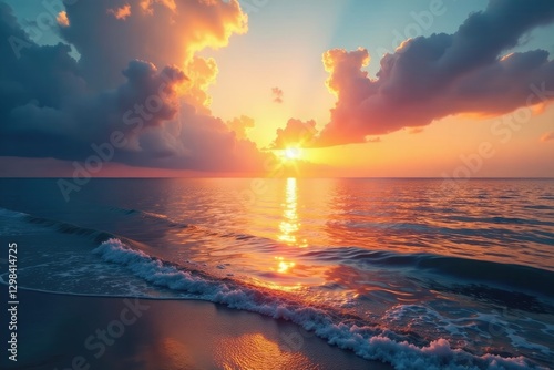 Seaside landscape with a stunning sunset and silvery water, calm, serene, peaceful
