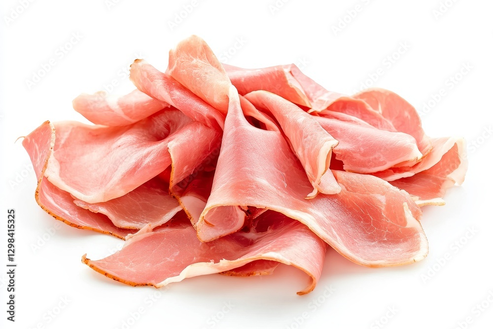 Thinly Sliced Deli Ham on White Background - Delicious, thinly sliced deli ham, perfect for sandwiches, salads, or snacks. Represents freshness, quality, protein, and culinary ease Thinly Sliced Deli Ham on White Background - Delicious, thinly sliced deli ham, perfect for sandwiches, salads, or snacks. Represents freshness, quality, protein, and culinary ease