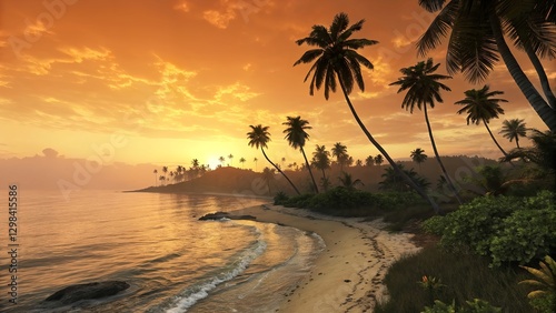 Tropical beach paradise, golden sunset, palm trees silhouette, calm ocean waves