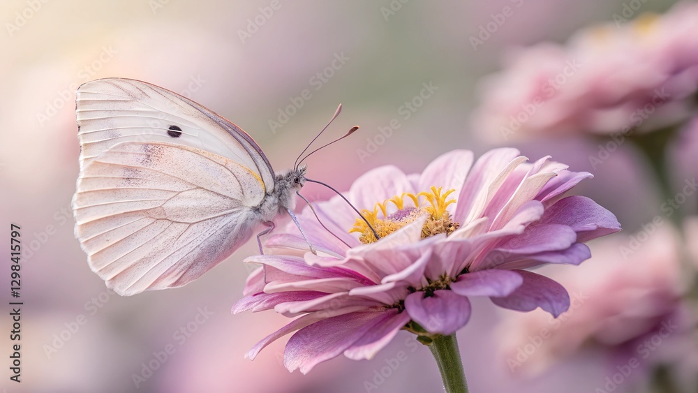 Naklejka premium Serene Butterfly on a Flower: A delicate butterfly perches gracefully on a vibrant pink flower, its wings gently open in the sunlight, showcasing the delicate patterns and textures.