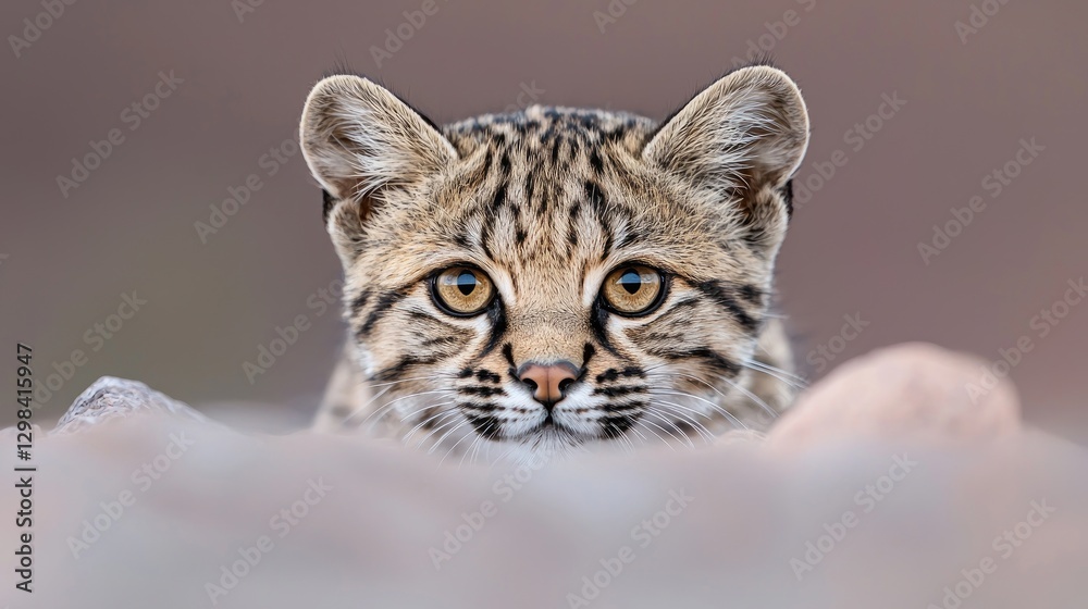 Fototapeta premium Close-up of a young ocelot. Hidden in the landscape. Suitable for nature or wildlife publications