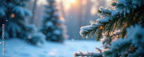 Snowflakes clung to the branches of a Christmas tree, frosty landscape, snowy trees photo