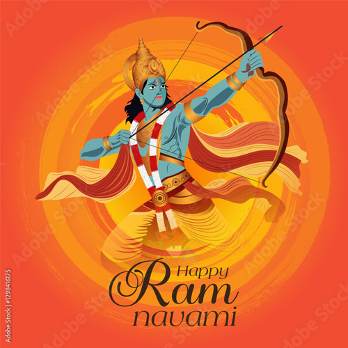 Happy Ram Navami Digital Art Majestic Lord Rama with Bow and Arrow, Radiant Circular Halo, Flowing Garments, and Bright Orange Theme for Hindu Mythology and Festival Celebration.