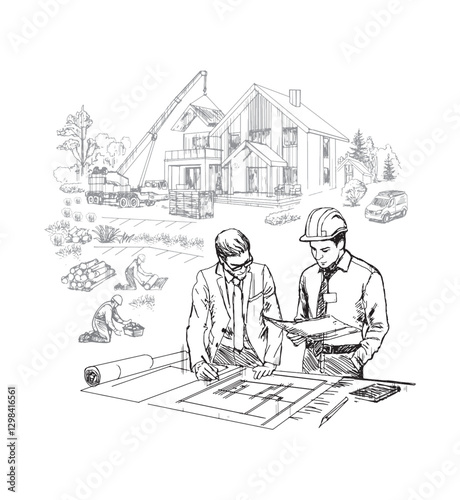 Hand-drawn vector sketch of architects discussing construction plans on a building site, isolated. The scene includes crane, house, builders, landscaping. The illustration is in a monochrome color 
