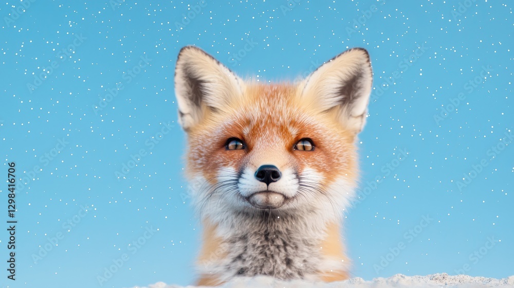 Obraz premium Cute fox in snowy landscape, looking at camera. Possible use Stock photography for children's books, nature themes, or greeting cards