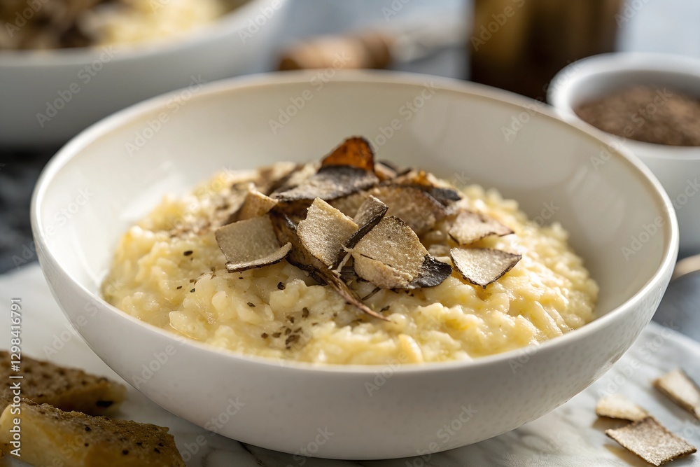 Minimalistic photo of a warm bowl of risotto with truffle shavings, extreme close-up emphasizing creamy consistency, softly blurred background.