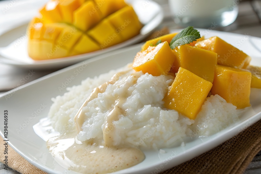 Minimalistic photo of Thai mango sticky rice drizzled with coconut milk, extreme close-up highlighting glossy rice, softly blurred background. Minimalistic photo of Thai mango sticky rice drizzled with coconut milk, extreme close-up highlighting glossy rice, softly blurred background.