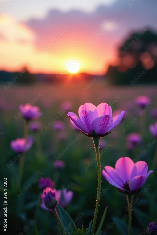 Obraz premium Softly glowing purple flowers in a field at dusk, natural, landscape