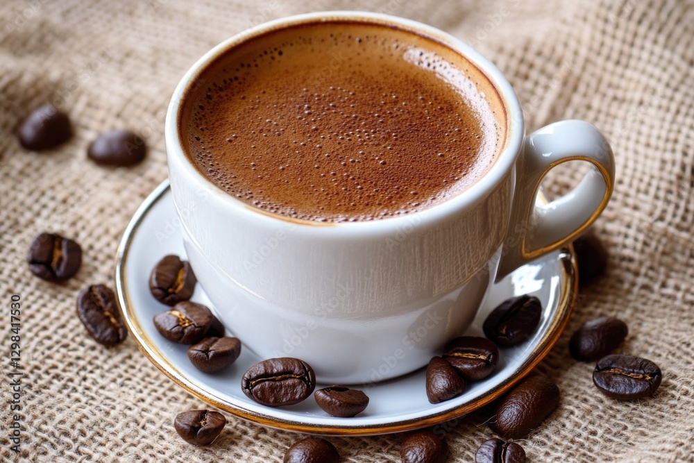 A warm cup of coffee on a saucer surrounded by coffee beans, perfect for breakfast or a morning pick-me-up A warm cup of coffee on a saucer surrounded by coffee beans, perfect for breakfast or a morning pick-me-up