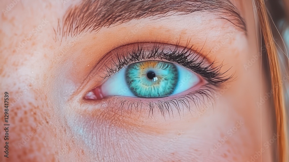 Obraz premium Close Up of a Woman's Green Eye with Freckles and Long Eyelashes