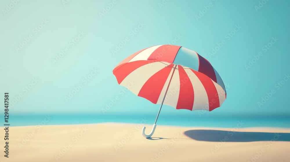 Floating 3D Beach Umbrella Icon with Smooth Shading on Sand Floating 3D Beach Umbrella Icon with Smooth Shading on Sand