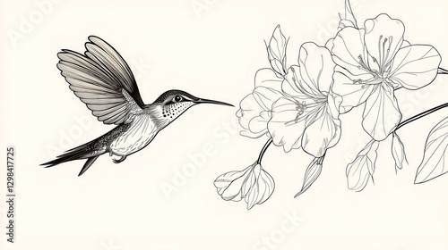 An elegant hummingbird approaching delicate blossoms in a sketch style.