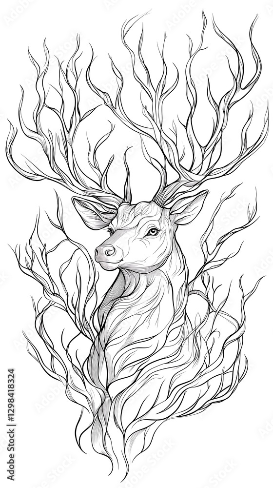 Obraz premium Artistic sketch of a majestic deer intertwined with abstract branches.