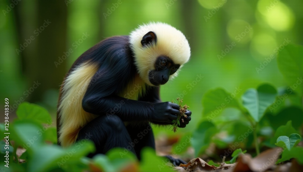 Obraz premium White headed capuchin foraging in forest undergrowth, leaves, primate