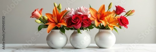 Wallpaper Mural White marble vases with fresh red roses and orange lilies, color mix, vase fill Torontodigital.ca