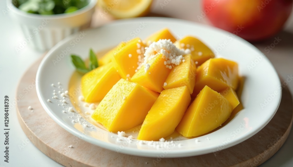White plate with sliced mango and a sprinkle of sugar on top, indulgent, sprinkles White plate with sliced mango and a sprinkle of sugar on top, indulgent, sprinkles