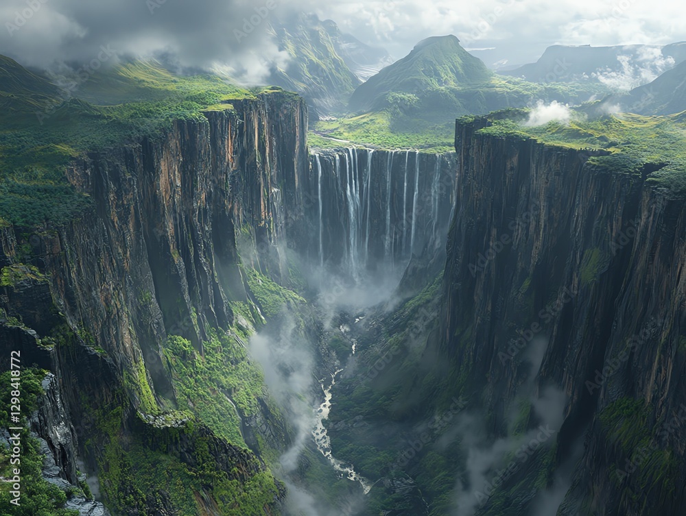 Fototapeta premium Majestic Waterfall Cascading Through Green Canyon Landscape with Fog