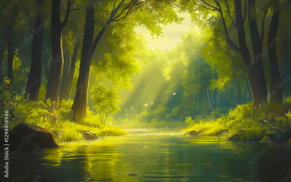 Fototapeta premium Butterflies flying over river in magical forest at dawn. Environmental conservation and protection of planet.