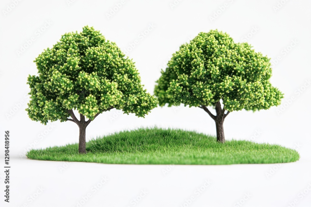 A serene scene of two trees sitting on a vibrant green meadow A serene scene of two trees sitting on a vibrant green meadow