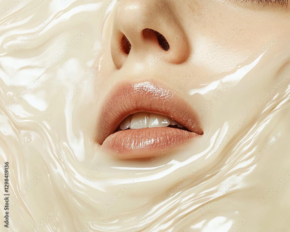 Fototapeta premium Close-up of a woman's lips and face submerged in liquid, symbolizing purity, skincare, or beauty care, with soft textures highlighting skincare products or cosmetics.