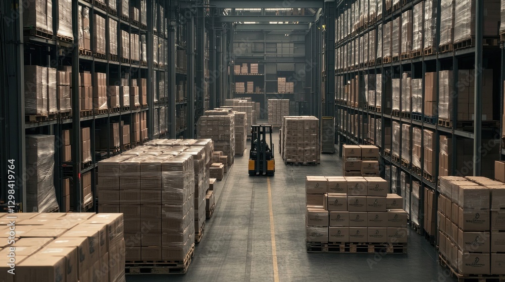 Fototapeta premium Forklift in Empty Warehouse with Stacked Boxes Ready for Shipment