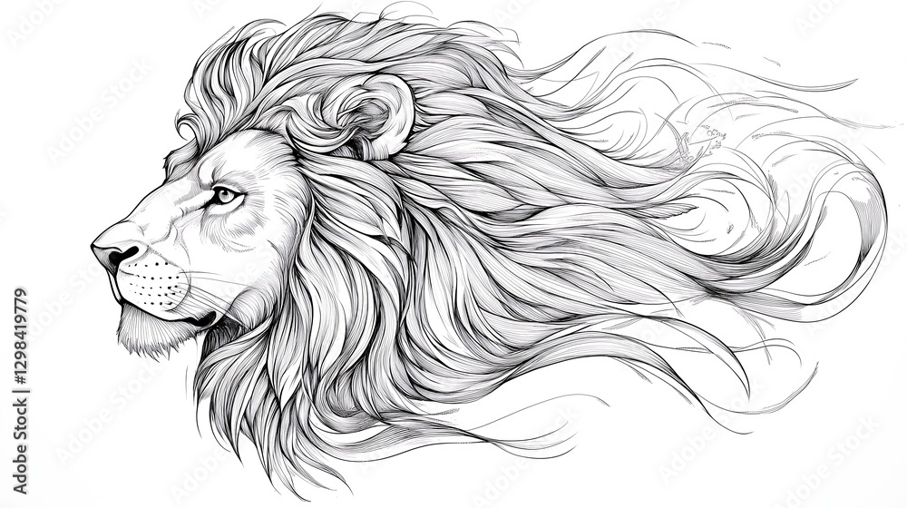 Obraz premium Elegant sketch of a lion showcasing its majestic mane and fierce nature.