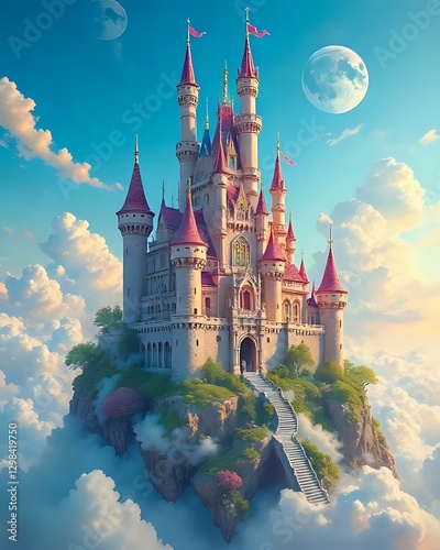 illustration d'un château flottant qui se situe dans les nuages au sein d'un décors fantasmagorique 