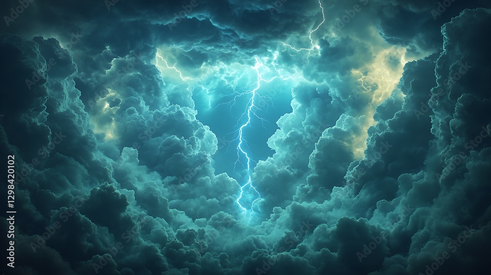 Powerful lightning striking through dark clouds. Possible use Stock photo for weather, nature, storm, and powerful imagery Powerful lightning striking through dark clouds. Possible use Stock photo for weather, nature, storm, and powerful imagery