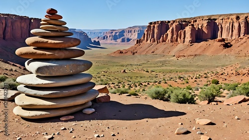 Serene stacked stones against a dramatic desert landscape backdrop; a balanced rock cairn in Monument Valley, USA. photo