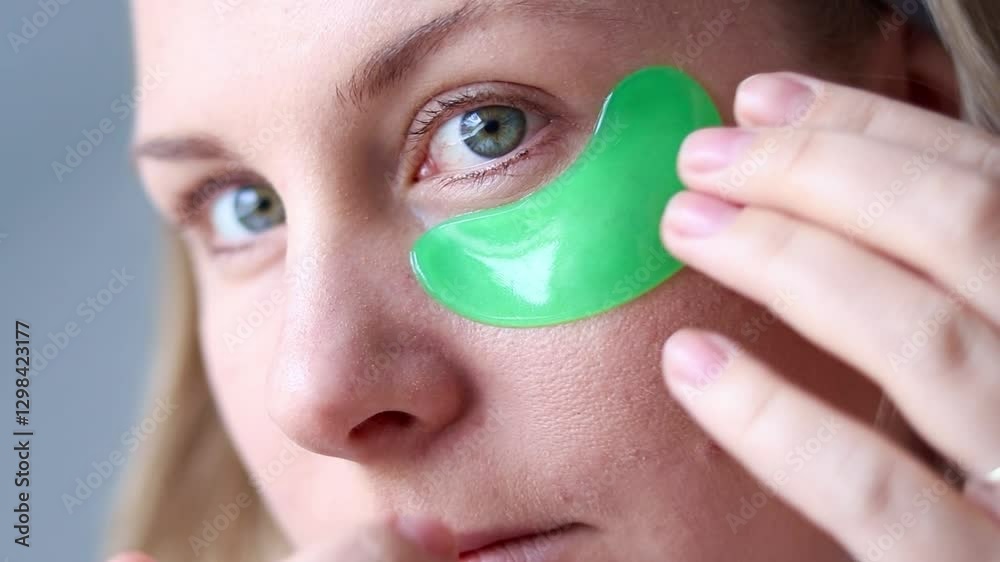 Close up of a caucasian millennial woman with no makeup using green gel moisturizing patches under her eyes. Skincare routine on natural at home . High quality FullHD footage