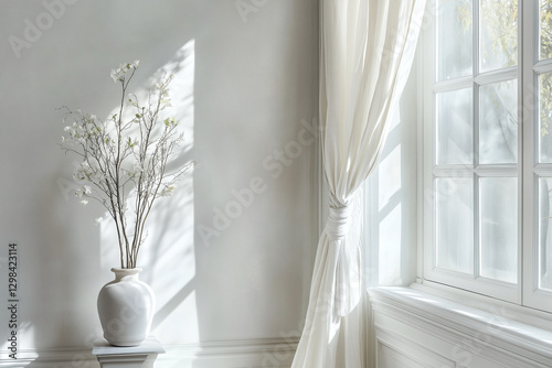 serene interior scene featuring white vase with branches, soft curtains, and natural light illuminating minimalist space. atmosphere is calm and inviting