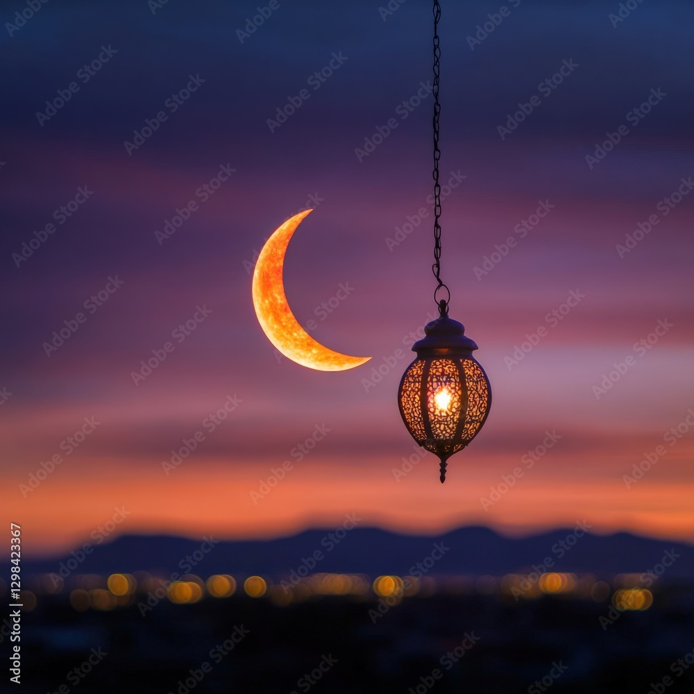 Obraz premium ramadan crescent moon and lantern at sunset