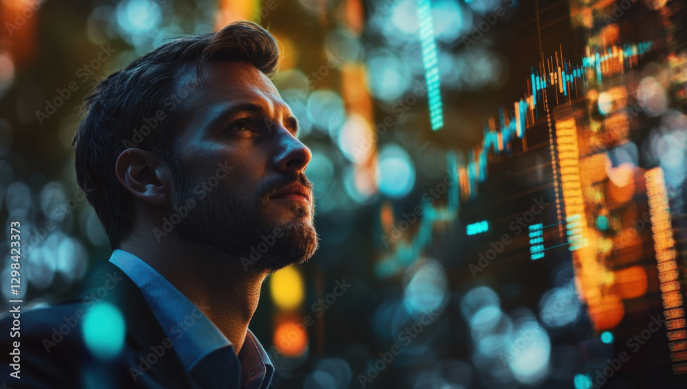 Determined man surveys financial data displayed on screens while surrounded by an urban backdrop at dusk, reflecting ambition and focus Determined man surveys financial data displayed on screens while surrounded by an urban backdrop at dusk, reflecting ambition and focus